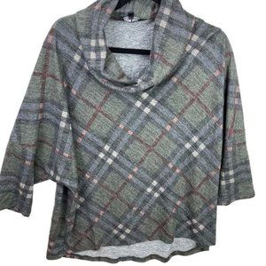 BOHO CHIC Green Grey Plaid Poncho Style Cowl Neck Top Size L